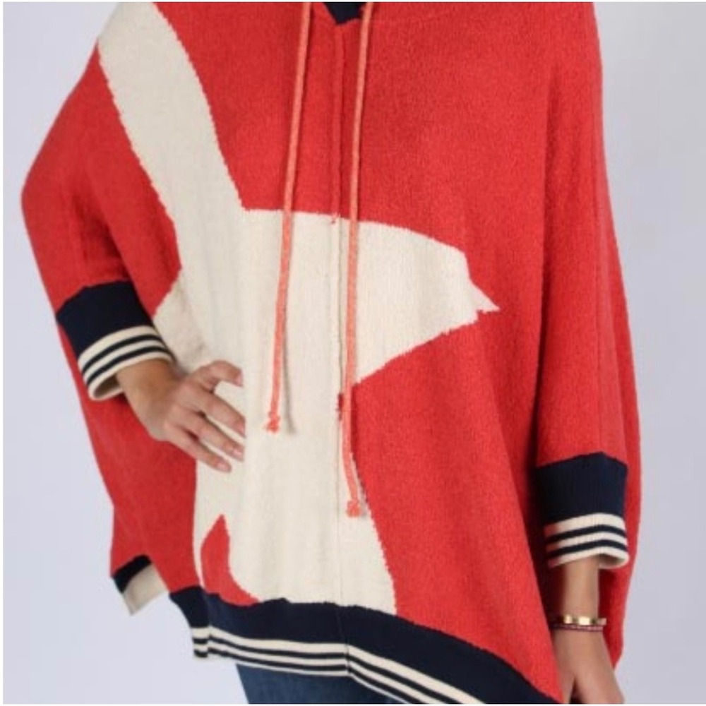 Free People Know Places Red Star Hooded Poncho Sweater Striped Trim Oversized